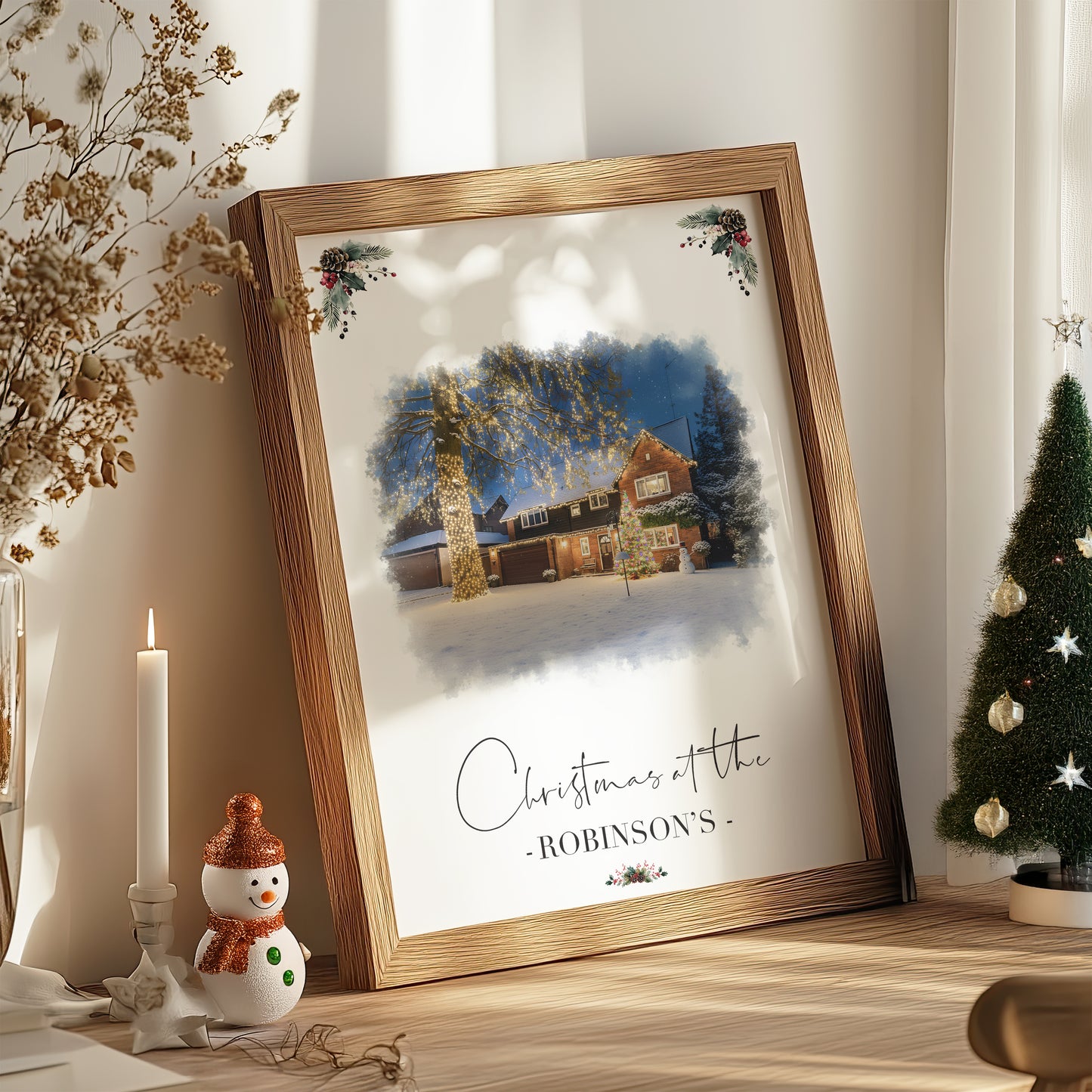 Custom Christmas Home/House Watercolour Scene Personalised Welcome Artwork. Framed or Unframed Print Various Sizes