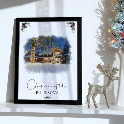 Custom Christmas Home/House Watercolour Scene Personalised Welcome Artwork. Framed or Unframed Print Various Sizes