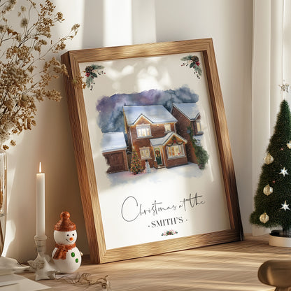 Custom Christmas Home/House Watercolour Scene Personalised Welcome Artwork. Framed or Unframed Print Various Sizes