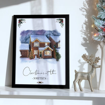 Custom Christmas Home/House Watercolour Scene Personalised Welcome Artwork. Framed or Unframed Print Various Sizes