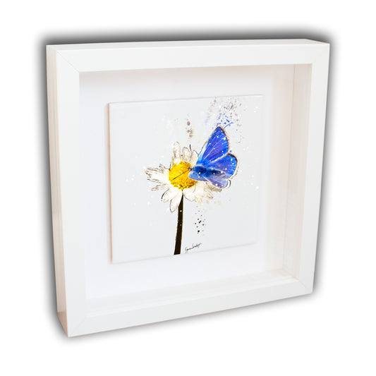 Blue Butterfly Portrait Brush Splatter Style Artwork - Framed CERAMIC TILE Art