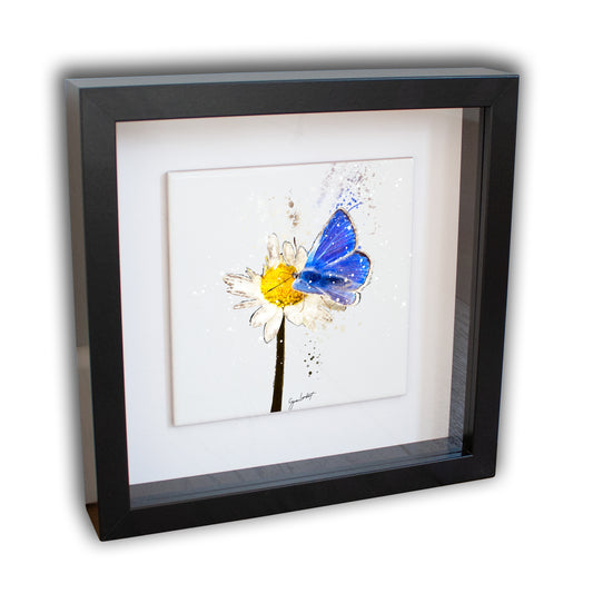 Blue Butterfly Portrait Brush Splatter Style Artwork - Framed CERAMIC TILE Art