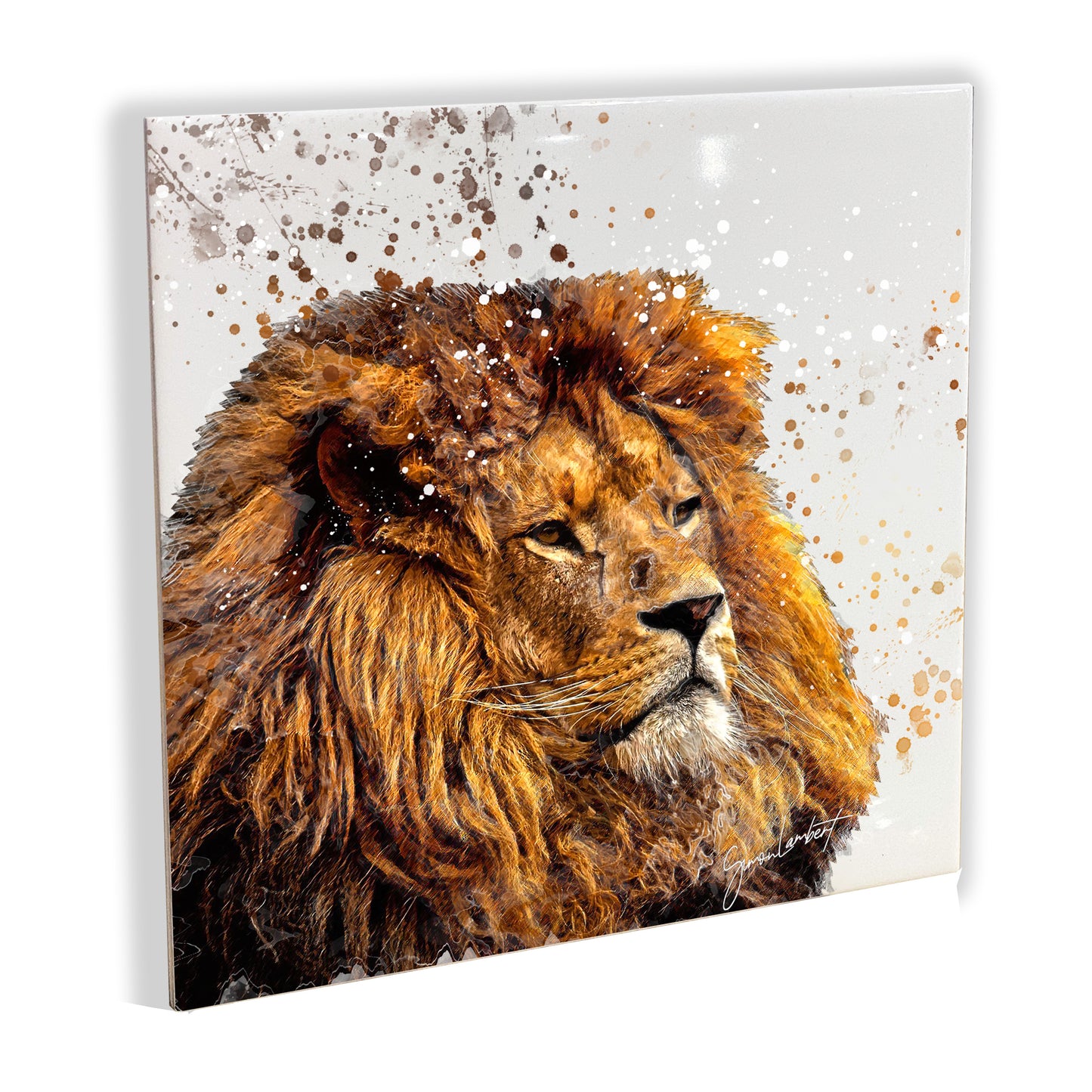 Lion Portrait Brush Splatter Style Artwork - Framed CERAMIC TILE Art