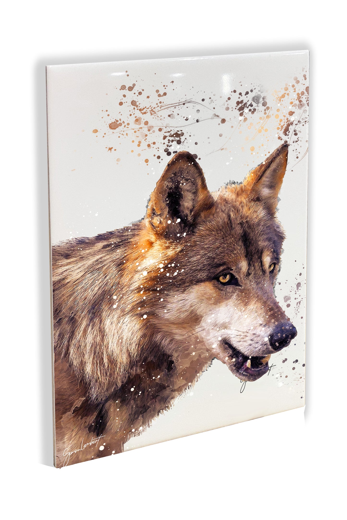 Wolf Portrait Brush Splatter Style Artwork - Framed CERAMIC TILE Art