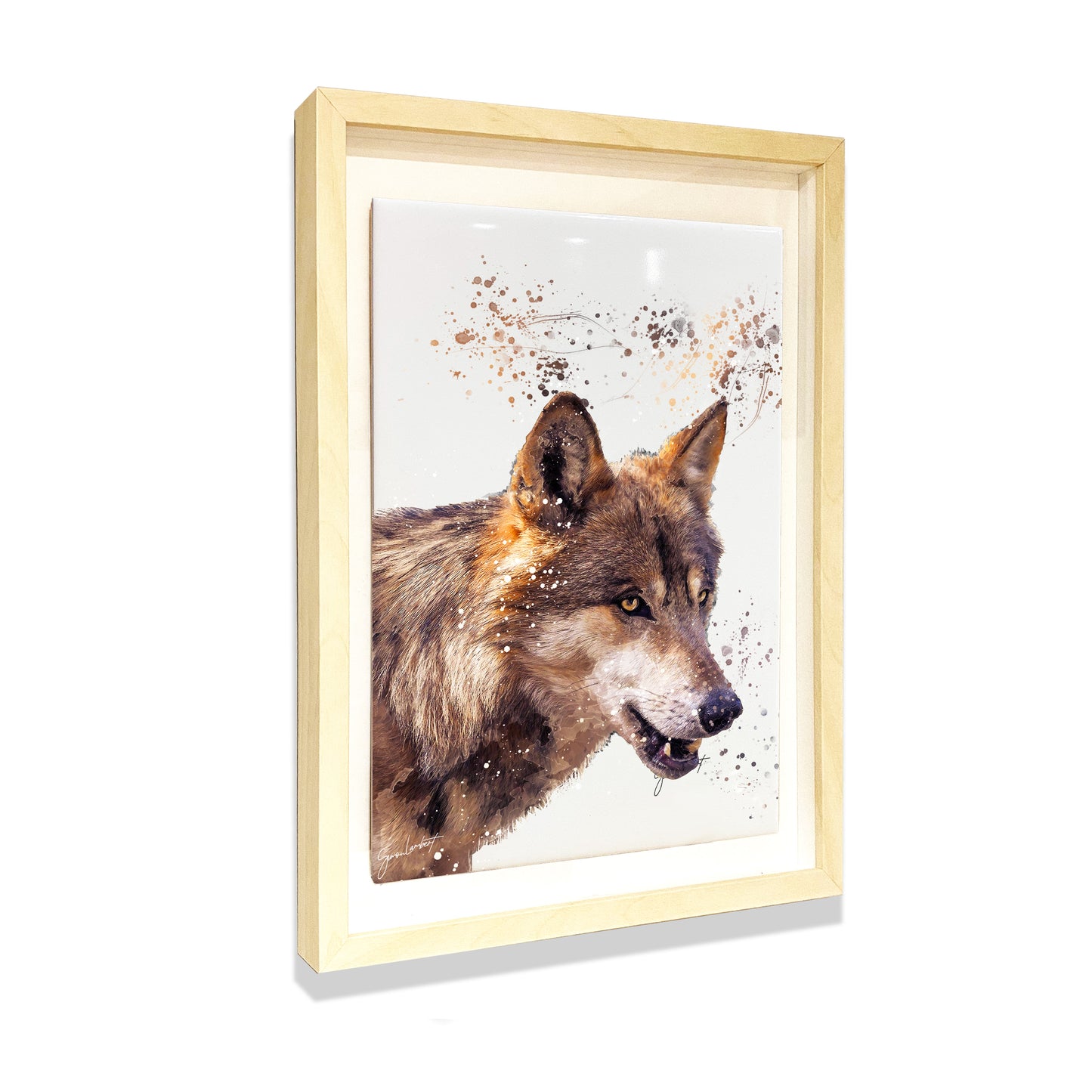 Wolf Portrait Brush Splatter Style Artwork - Framed CERAMIC TILE Art