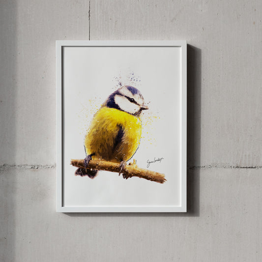Blue Tit Bird Portrait Splatter Style Artwork Fine Art Print (Unframed)