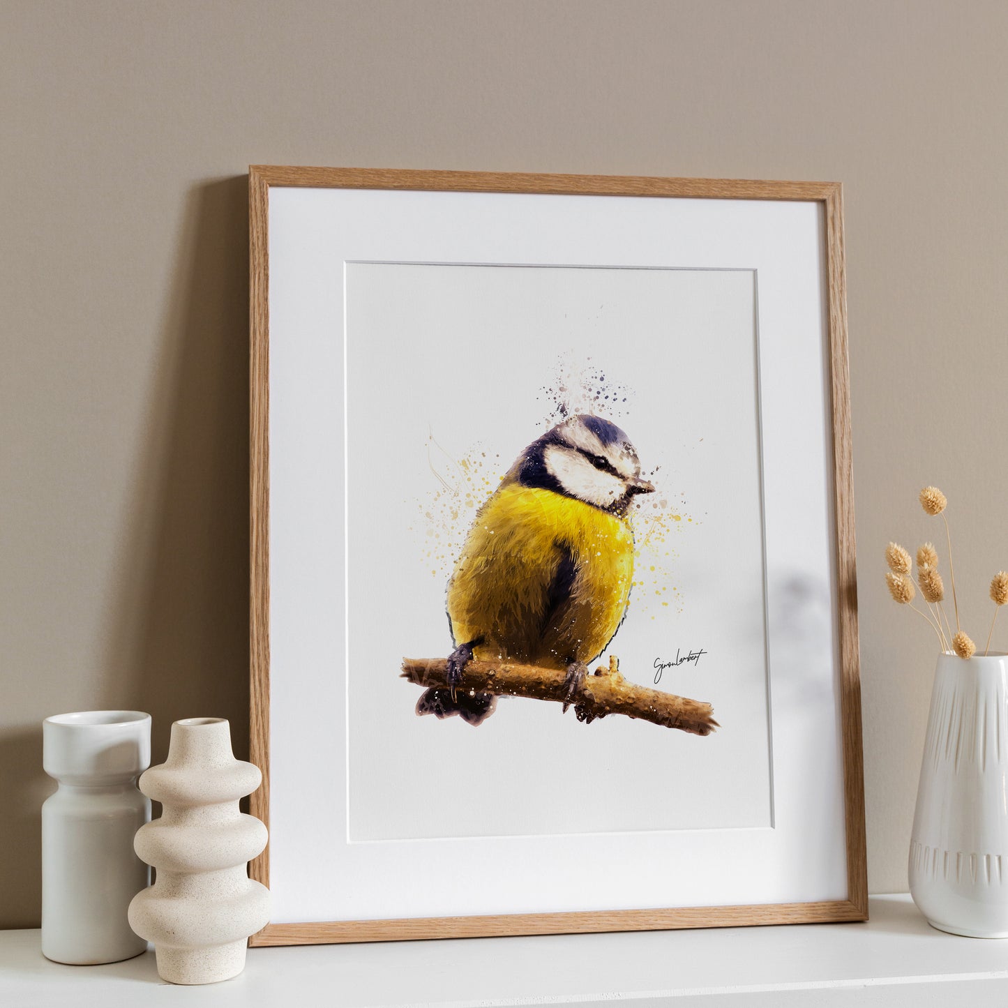 Blue Tit Bird Portrait Splatter Style Artwork Fine Art Print (Unframed)