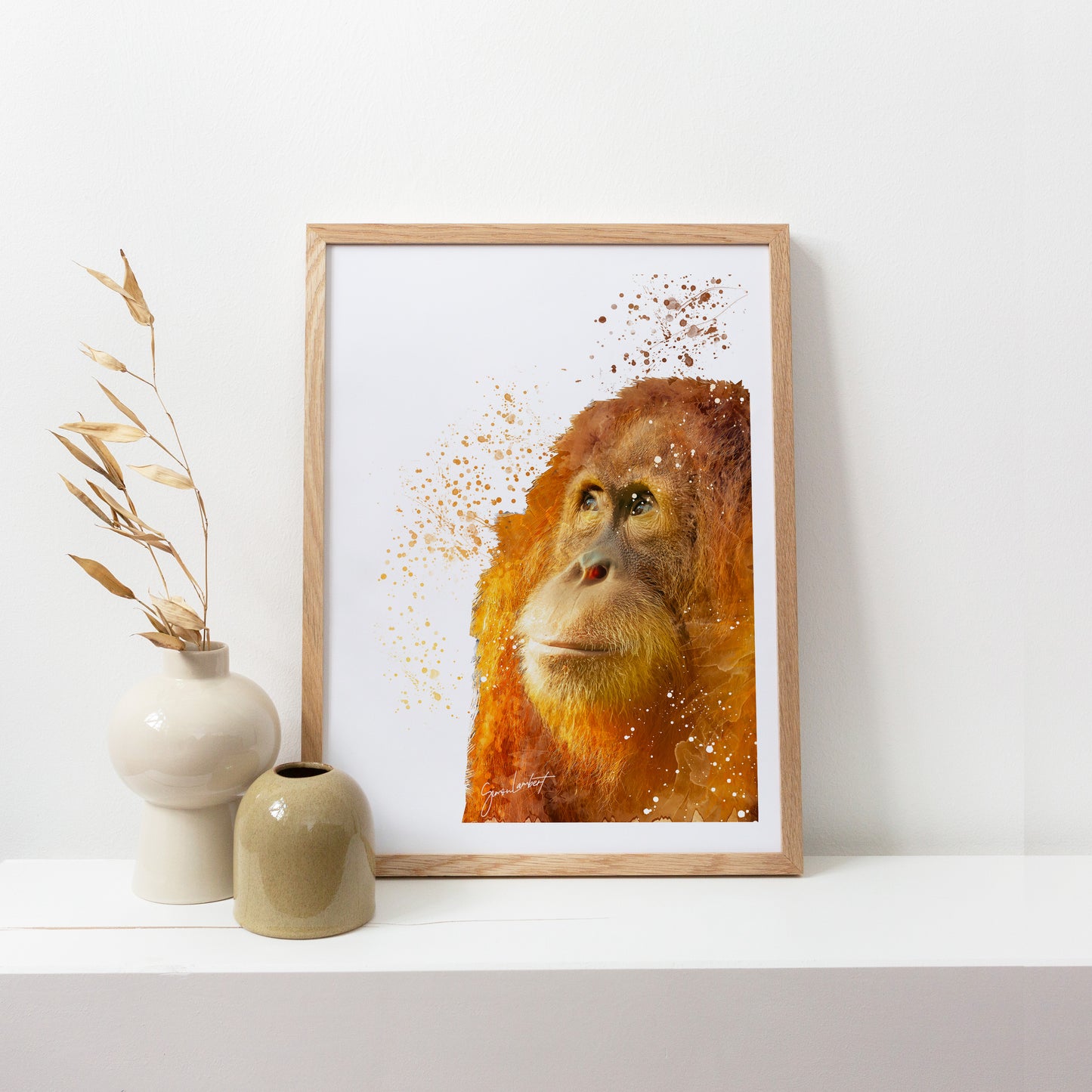 Orangutan Portrait Splatter Style Artwork Fine Art Print (Unframed)
