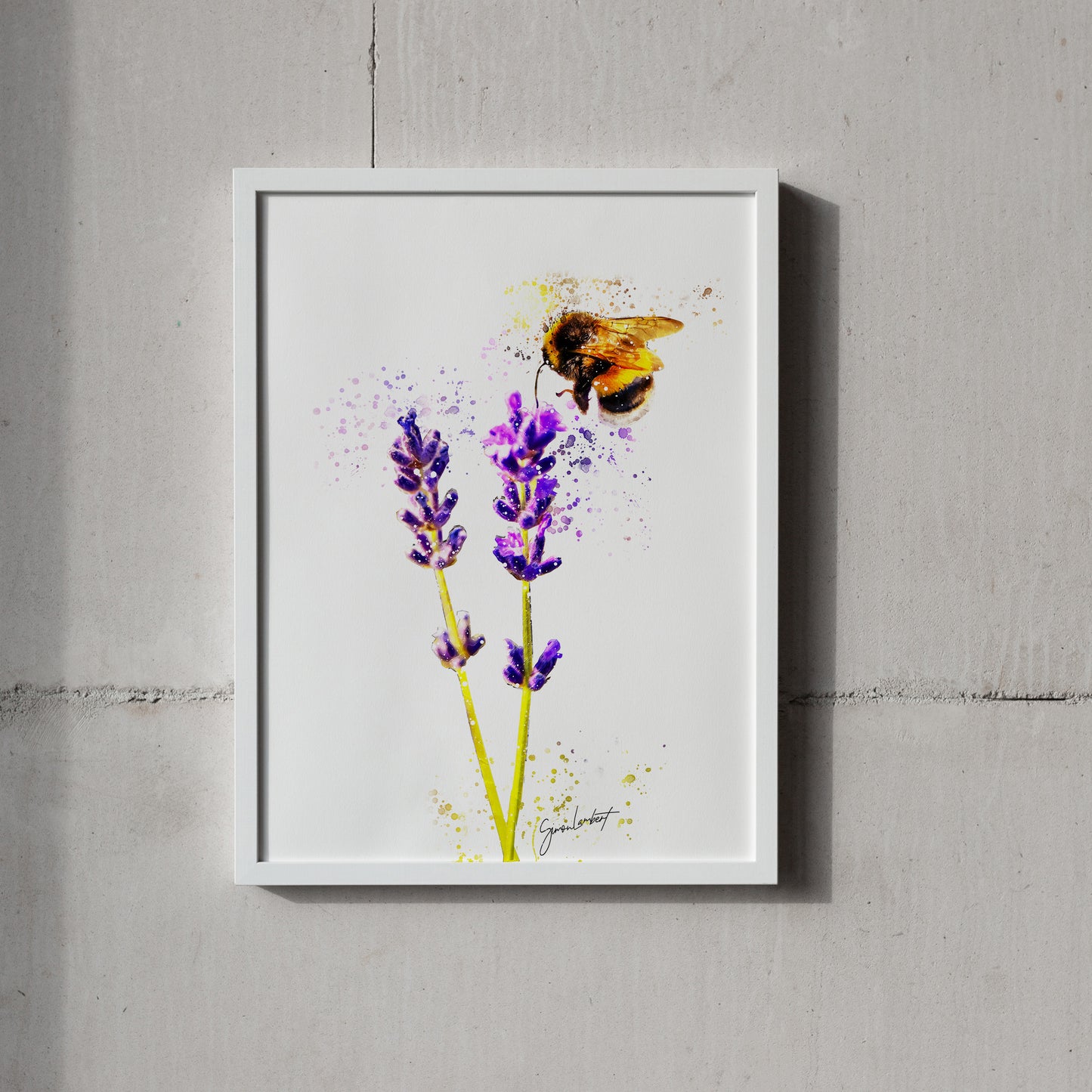 Bumblebee Lavender Plant Portrait Splatter Style Artwork Fine Art Print (Unframed)