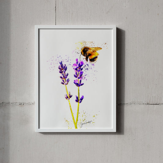 Bumblebee Lavender Plant Portrait Splatter Style Artwork Fine Art Print (Unframed)