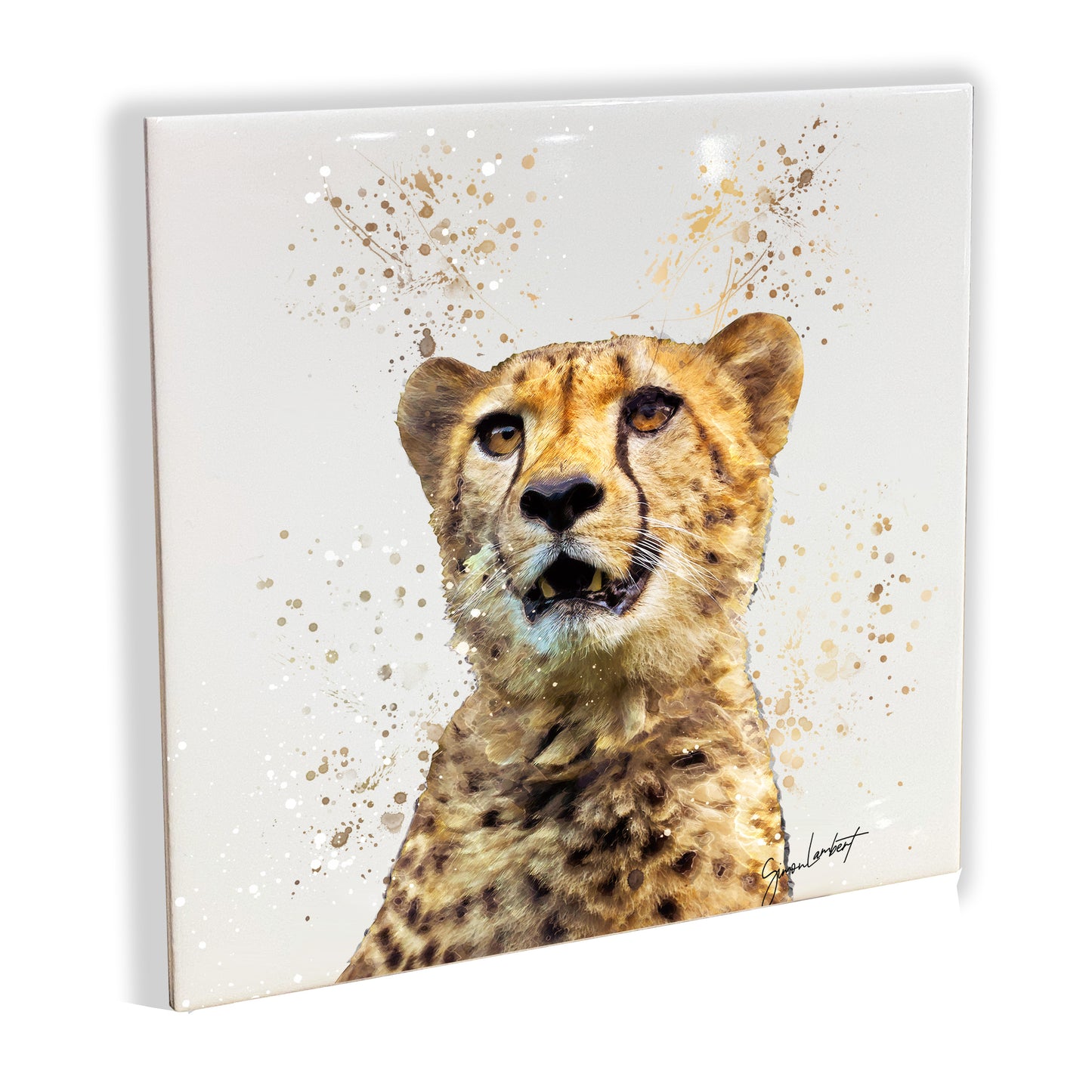 Cheetah Portrait Brush Splatter Style Artwork - Framed CERAMIC TILE Art