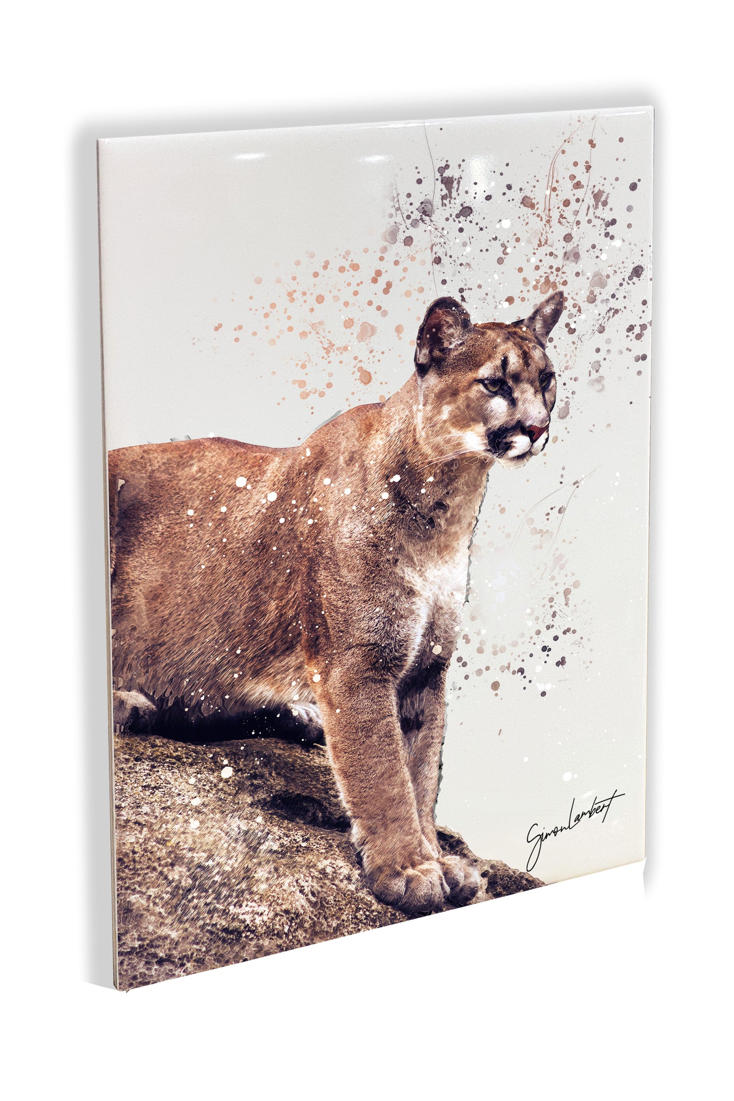 Cougar Portrait Brush Splatter Style Artwork - Framed CERAMIC TILE Art