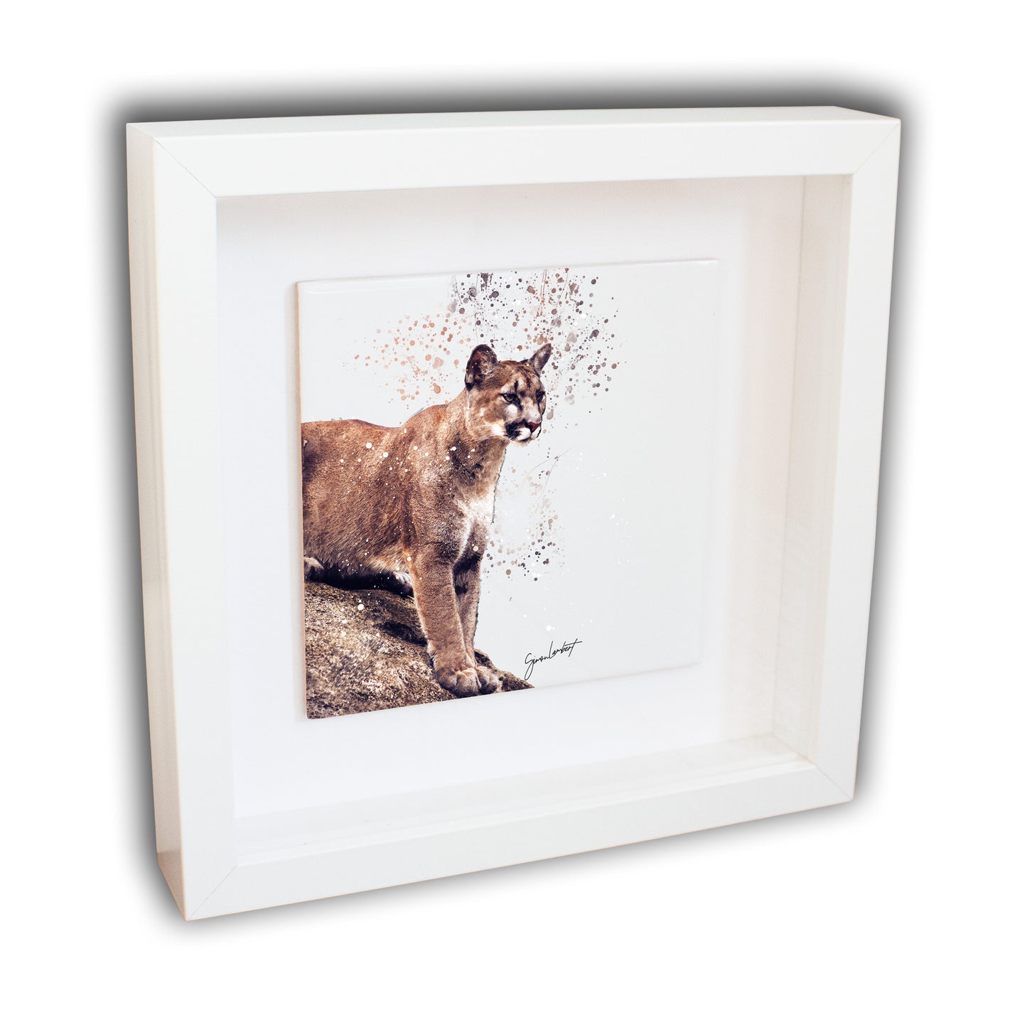 Cougar Portrait Brush Splatter Style Artwork - Framed CERAMIC TILE Art