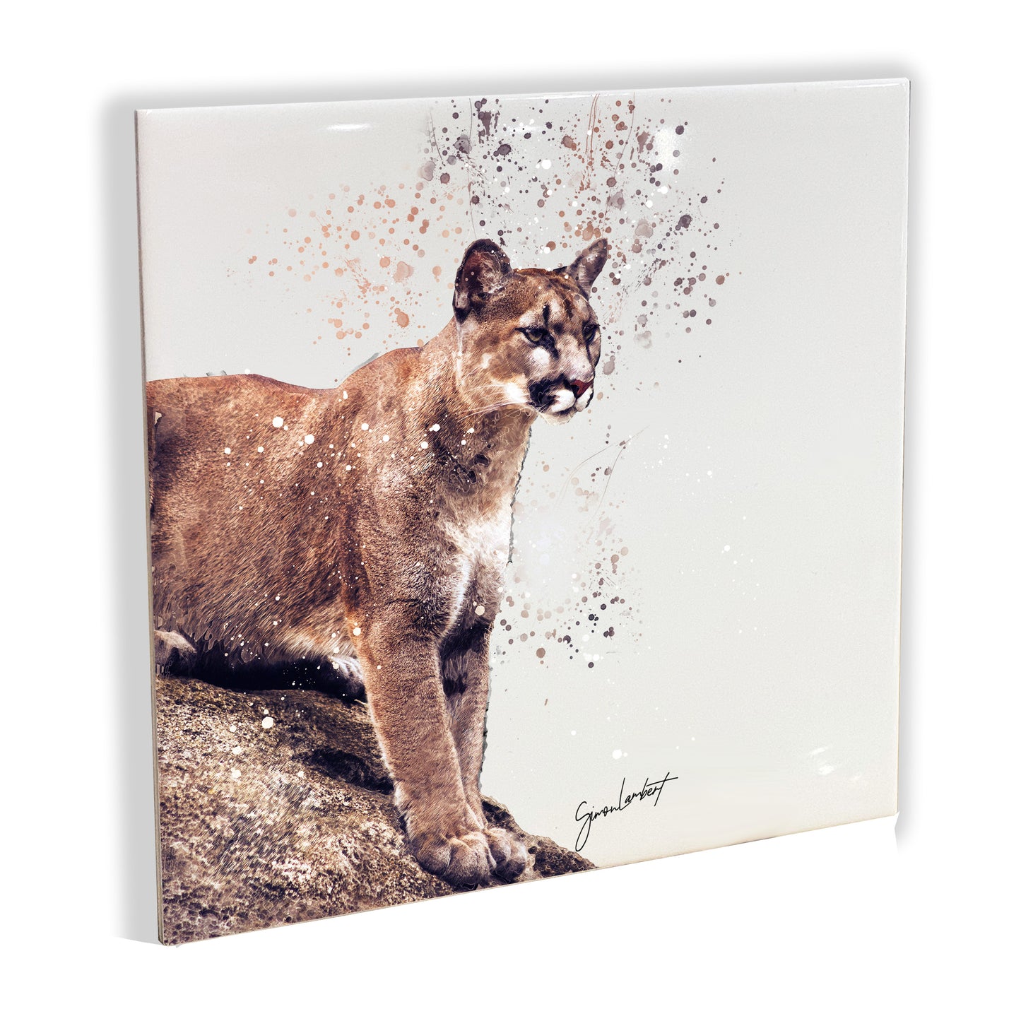 Cougar Portrait Brush Splatter Style Artwork - Framed CERAMIC TILE Art