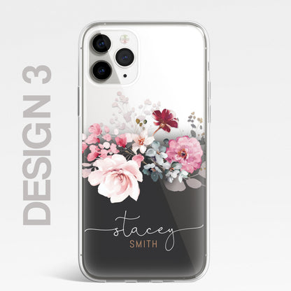 Personalised Floral Silicone CLEAR Phone Case Cover Pastel for iPhone 14 13 12 +