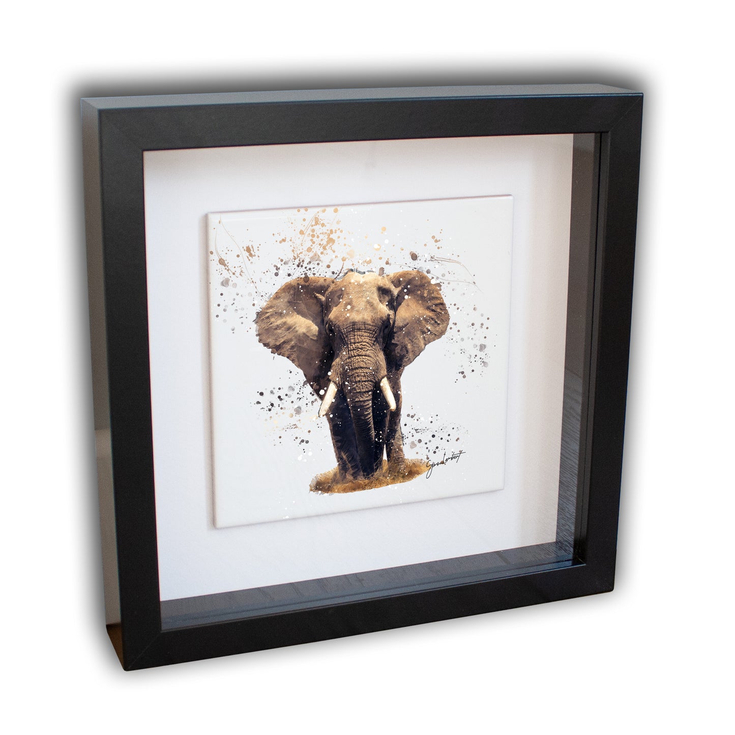 Elephant Portrait Brush Splatter Style Artwork - Framed CERAMIC TILE Art