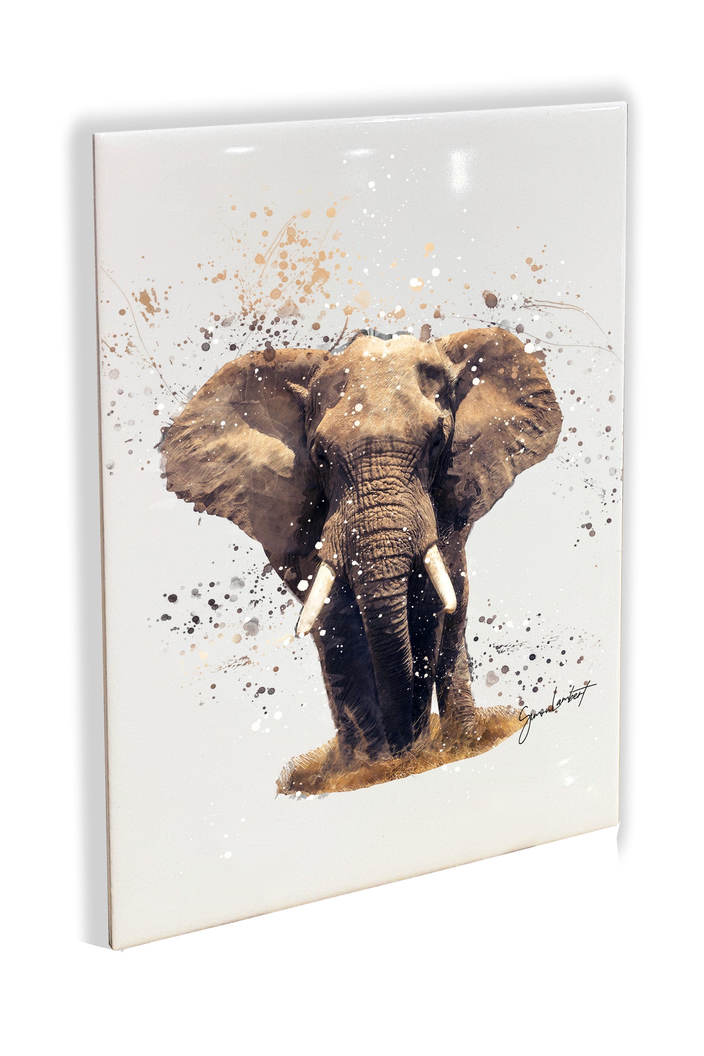 Elephant Portrait Brush Splatter Style Artwork - Framed CERAMIC TILE Art