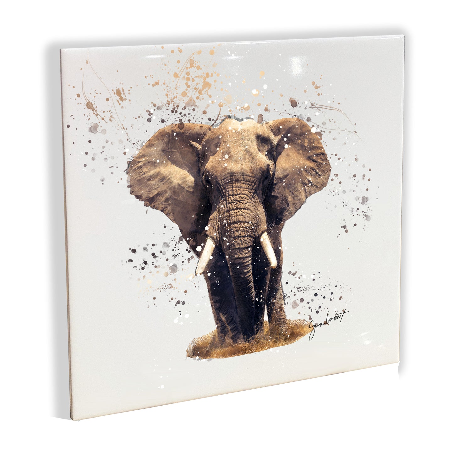 Elephant Portrait Brush Splatter Style Artwork - Framed CERAMIC TILE Art