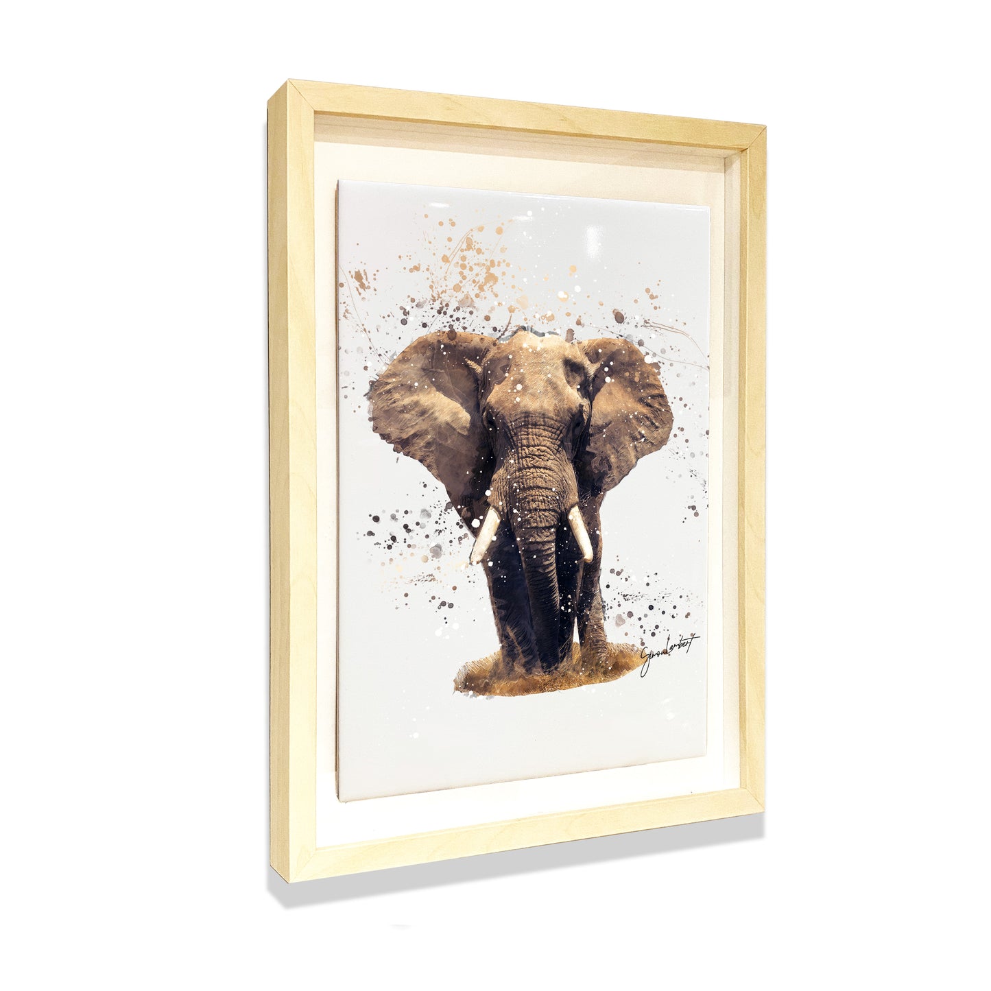 Elephant Portrait Brush Splatter Style Artwork - Framed CERAMIC TILE Art