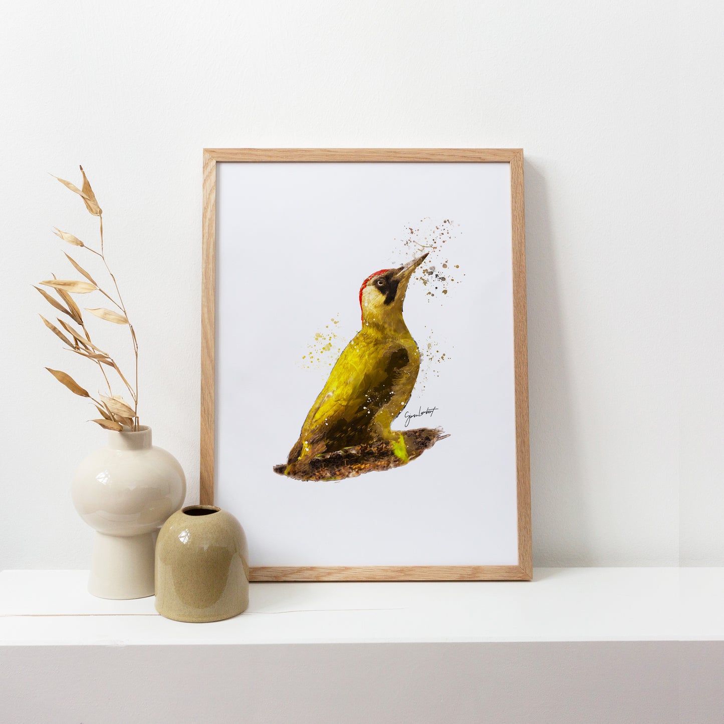 Green Wood Pecker Portrait Splatter Style Artwork Fine Art Print (Unframed)