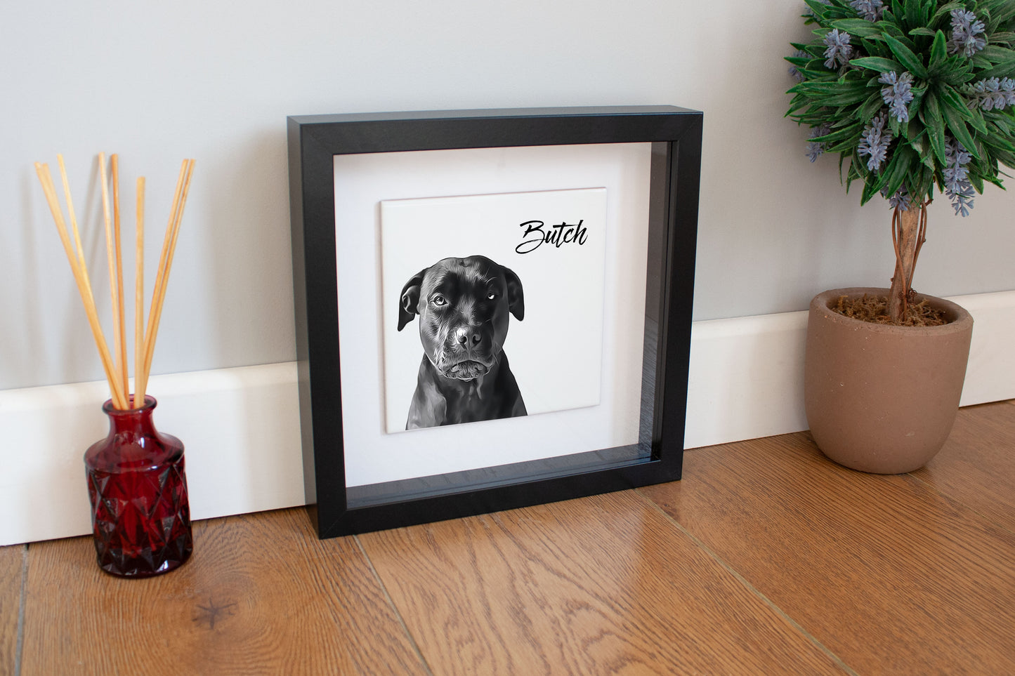 Personalised Pet Dog Cat Brush Portrait Custom Photo Print on Ceramic Tile in Box Frame Gift