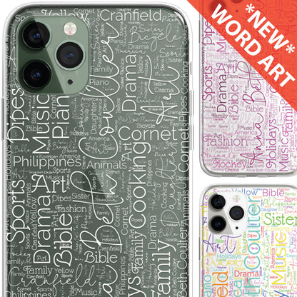 Personalised Word Art Script 3 Names Initials Custom Silicone CLEAR Phone Case Cover Custom iPhone 11 XR Max Plus Pro Samsung Galaxy Wordle