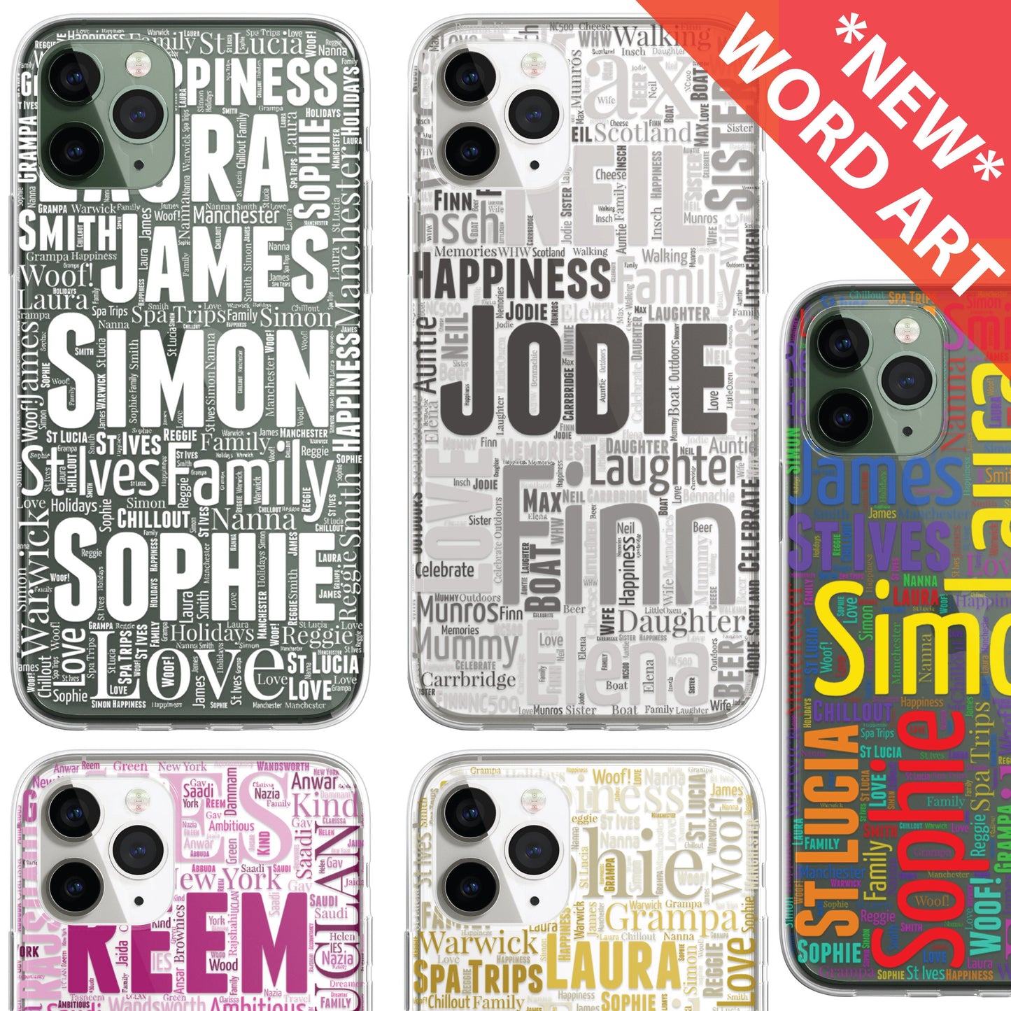 Personalised Word Art 2 Names Initials Custom Silicone CLEAR Phone Case Cover Family Custom iPhone 11 XR Max Plus Pro Samsung Galaxy Wordle