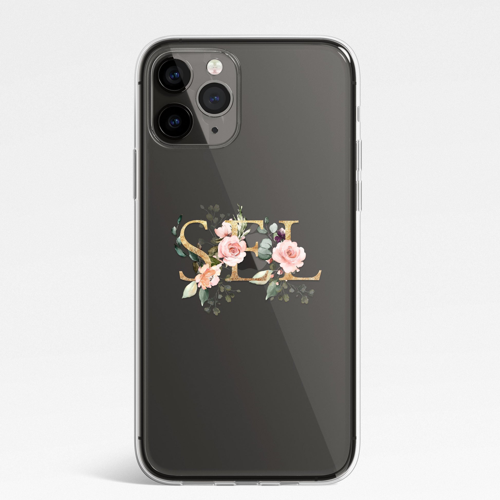 Personalised Monogram Custom Silicone CLEAR Phone Case Cover Floral Flowers English Roses Gold iPhone 11 XS XR Max Plus Pro Samsung Galaxy