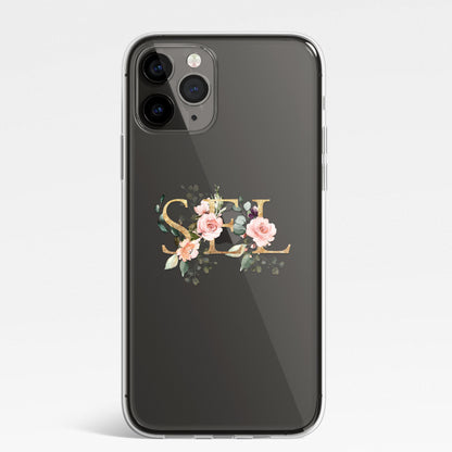 Personalised Monogram Custom Silicone CLEAR Phone Case Cover Floral Flowers English Roses Gold iPhone 11 XS XR Max Plus Pro Samsung Galaxy