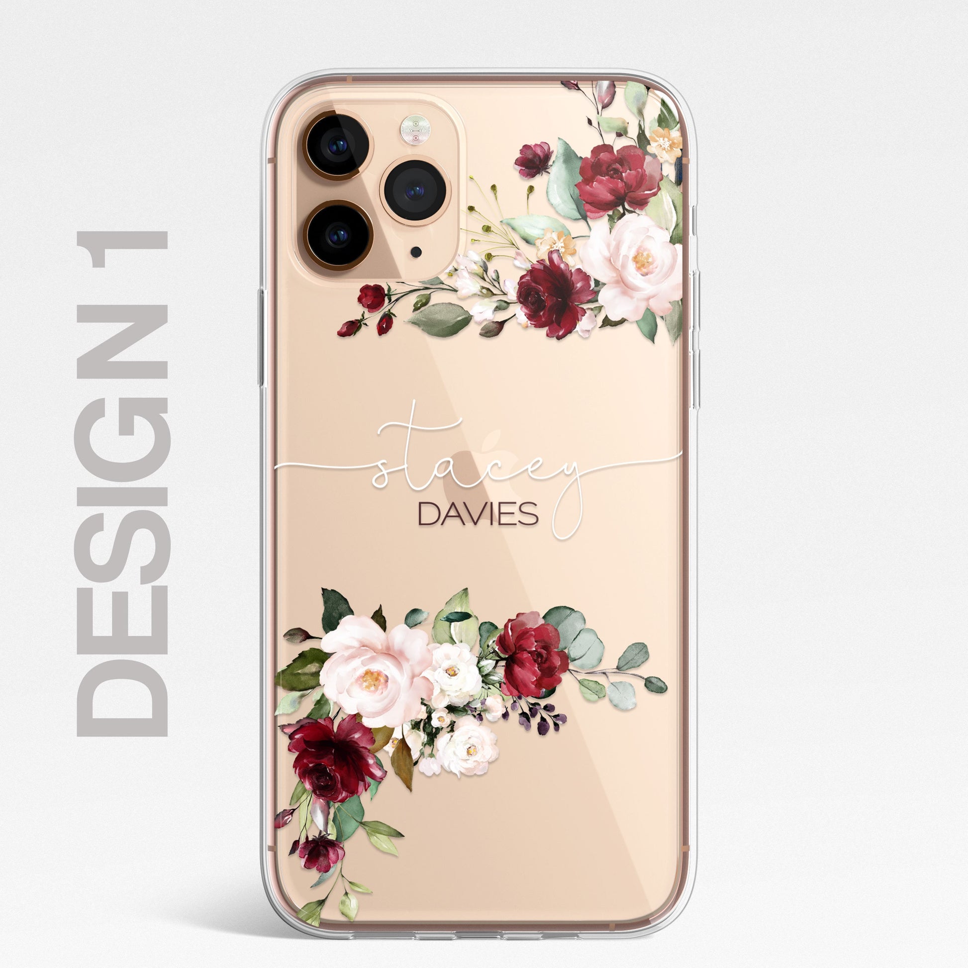 Floral Custom Phone Case Cover in CLEAR Silicone with Personalised Initials Name RED Floral Flower Design for iPhone & Samsung Galaxy