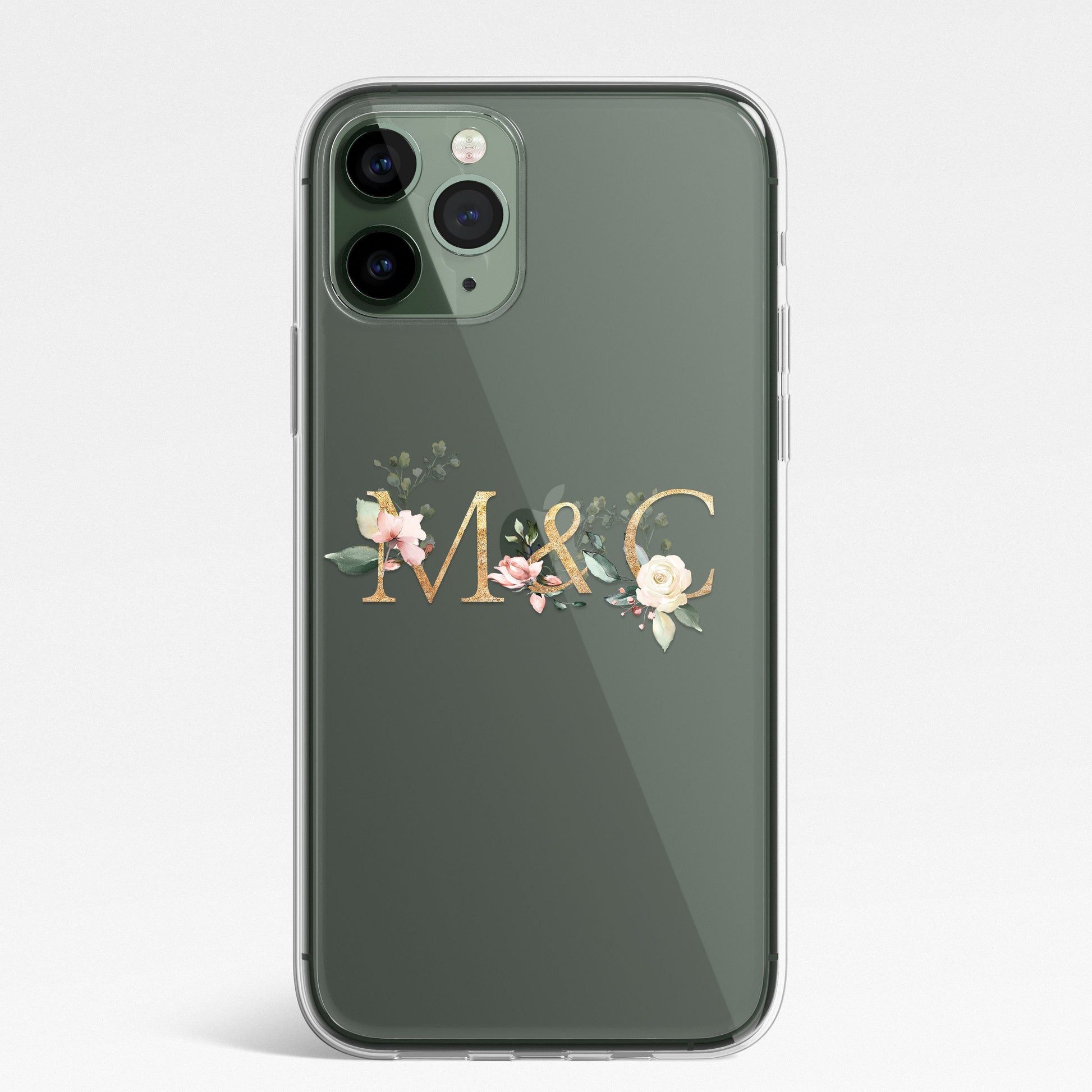 Personalised Monogram Custom Silicone CLEAR Phone Case Cover Floral Flowers English Roses Gold iPhone 11 XS XR Max Plus Pro Samsung Galaxy