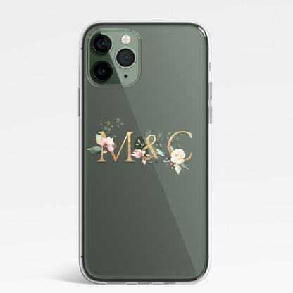 Personalised Monogram Custom Silicone CLEAR Phone Case Cover Floral Flowers English Roses Gold iPhone 11 XS XR Max Plus Pro Samsung Galaxy