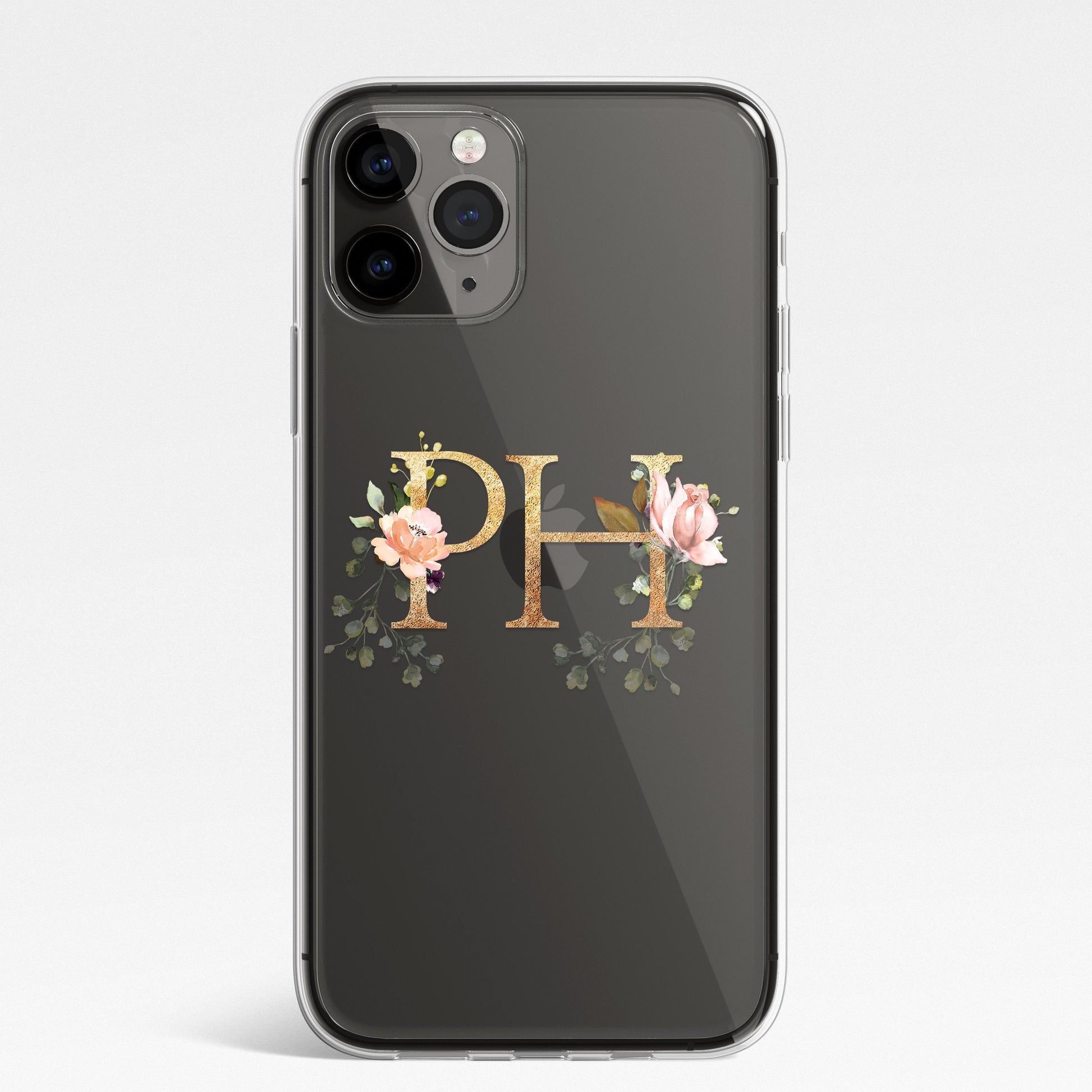 Personalised Monogram Custom Silicone CLEAR Phone Case Cover Floral Flowers English Roses Gold iPhone 11 XS XR Max Plus Pro Samsung Galaxy
