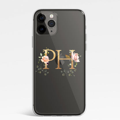 Personalised Monogram Custom Silicone CLEAR Phone Case Cover Floral Flowers English Roses Gold iPhone 11 XS XR Max Plus Pro Samsung Galaxy