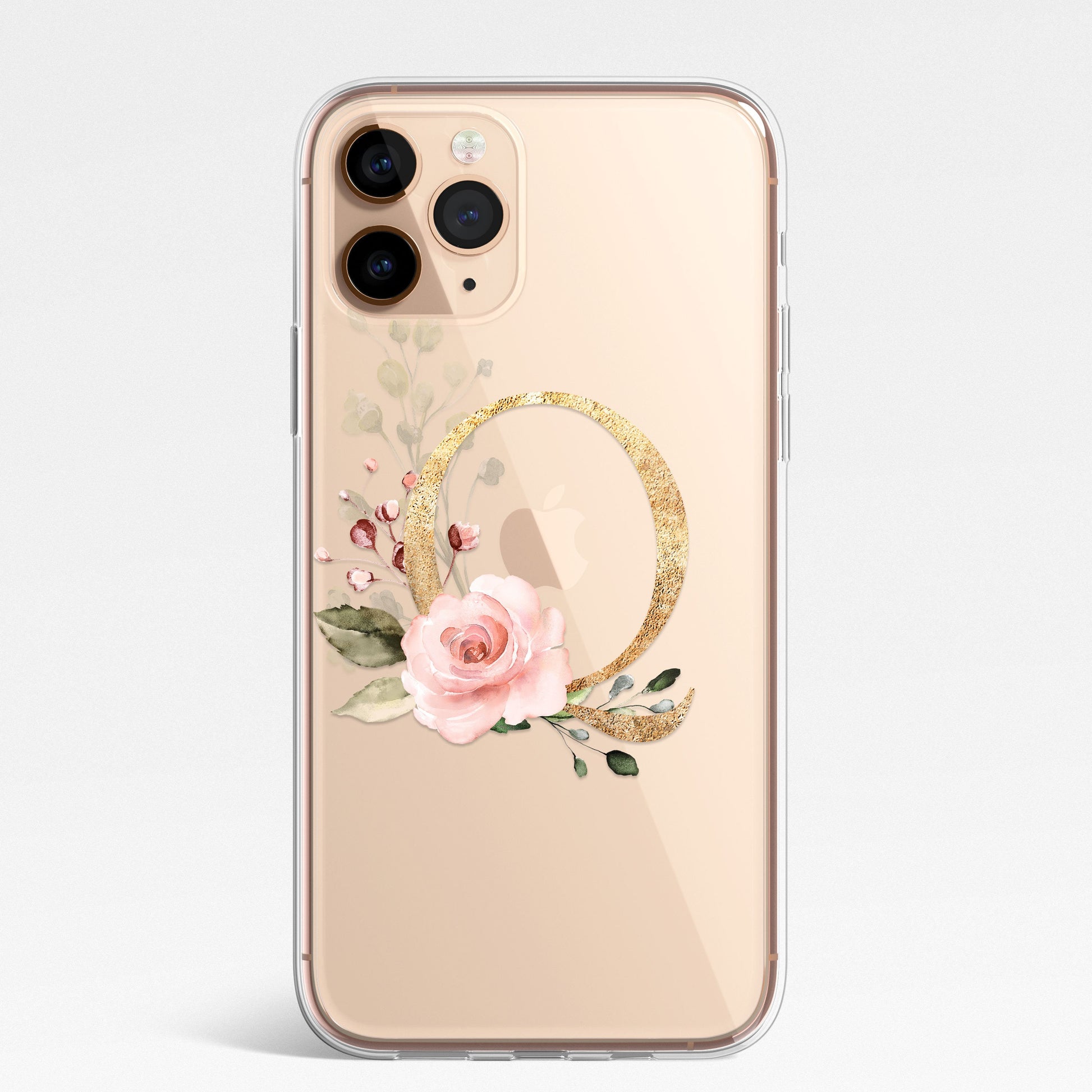 Personalised Monogram Custom Silicone CLEAR Phone Case Cover Floral Flowers English Roses Gold iPhone 11 XS XR Max Plus Pro Samsung Galaxy