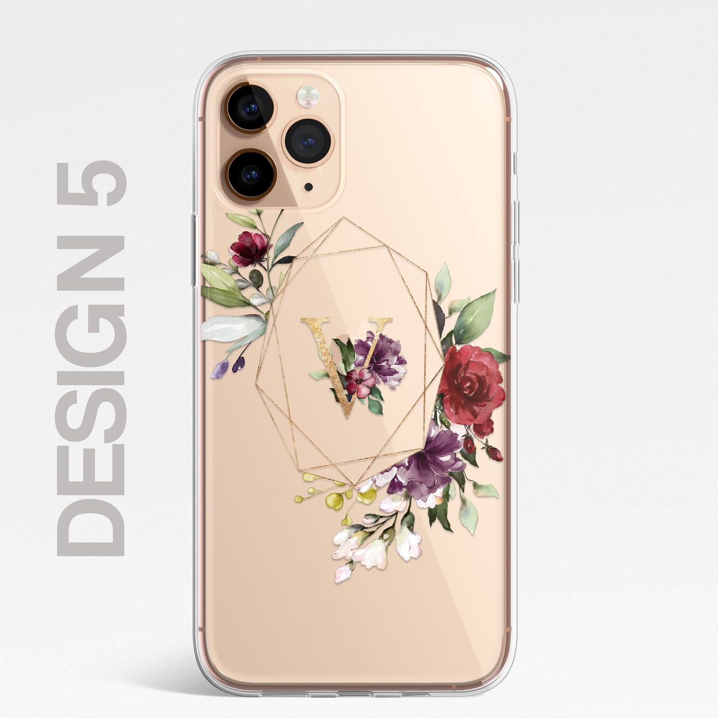 Floral Custom Phone Case Cover in CLEAR Silicone with Personalised Initials Name RED Floral Flower Design for iPhone & Samsung Galaxy