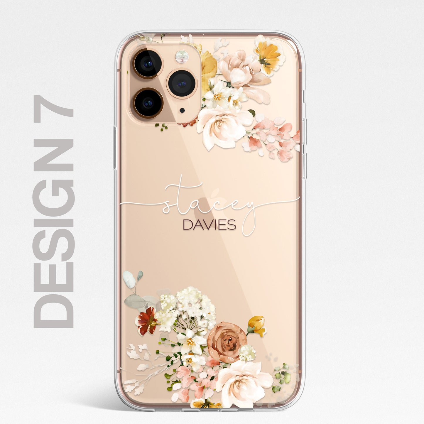 Personalised Floral iPhone Custom Silicone CLEAR Phone Case Cover Flowers English Roses Gold iPhone 11 XS XR Max Plus Pro Samsung Galaxy