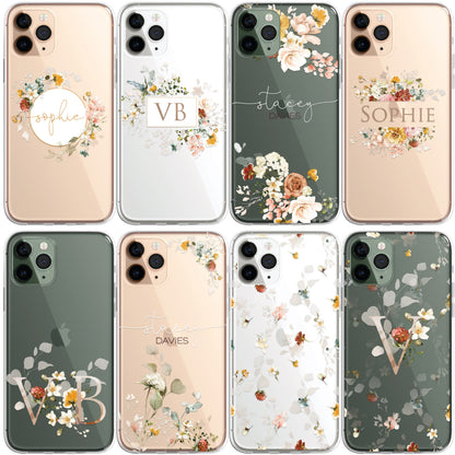 Personalised Floral iPhone Custom Silicone CLEAR Phone Case Cover Flowers English Roses Gold iPhone 11 XS XR Max Plus Pro Samsung Galaxy