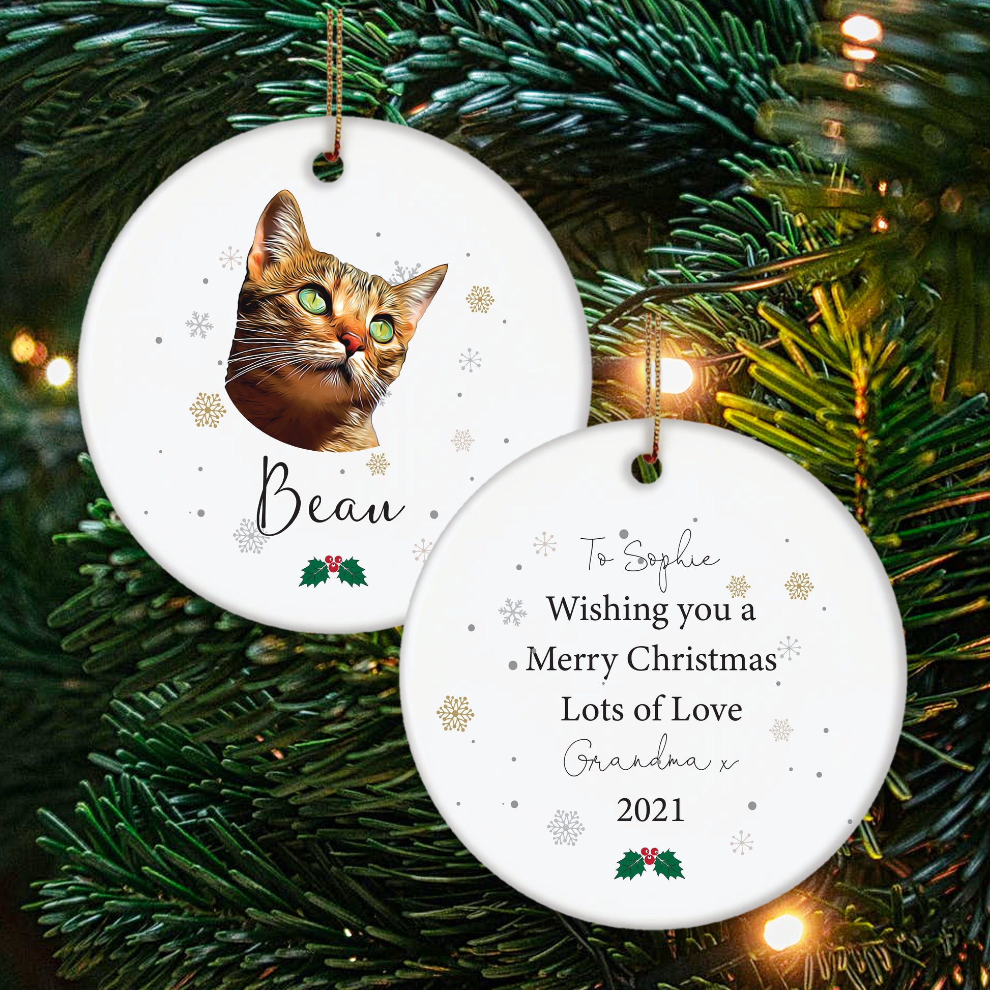 Personalised Pet Portrait Christmas Decoration - Dog Cat Custom Xmas Ceramic Disc Keepsake - TWO Sided Print option.