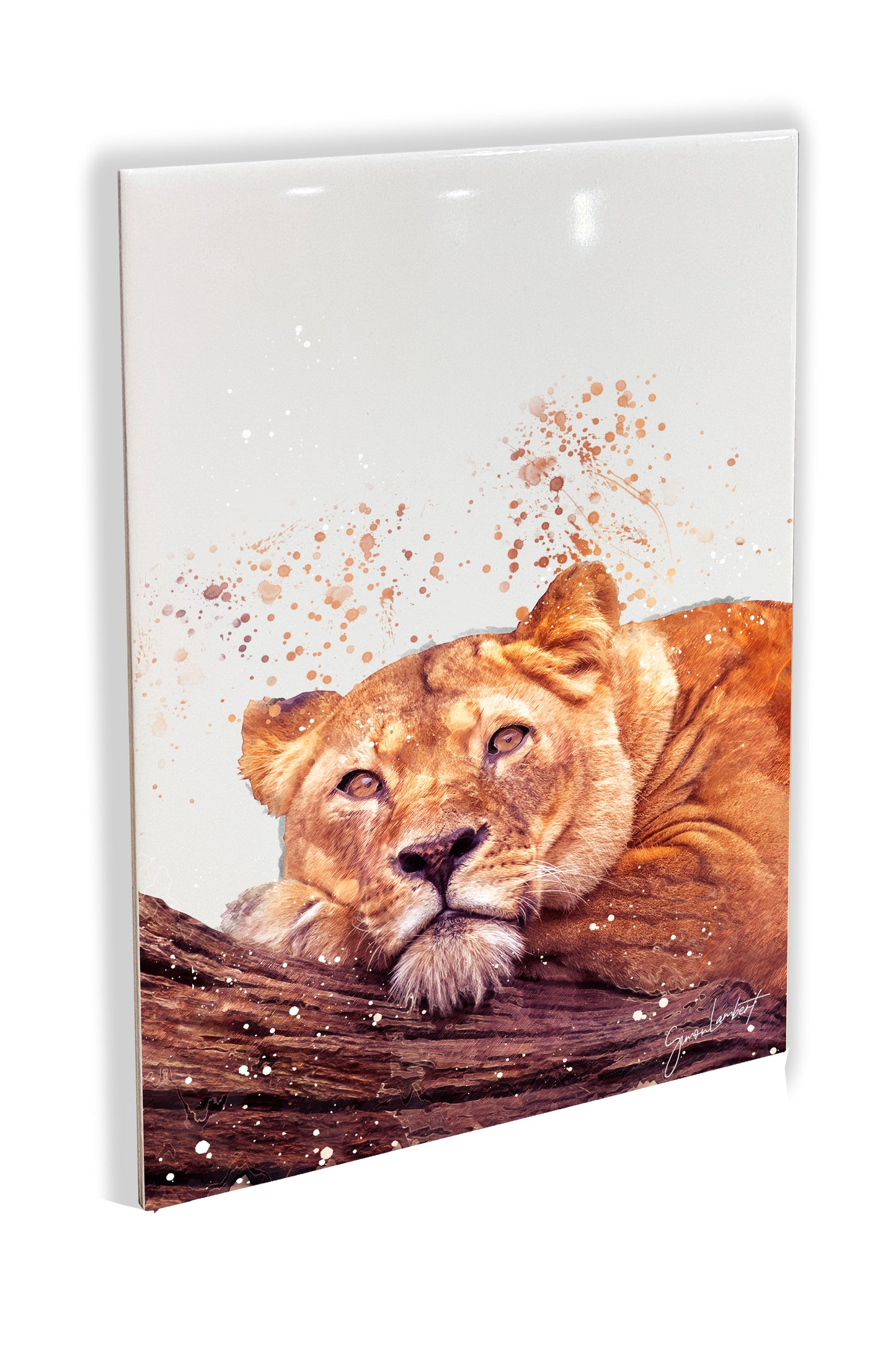 Lioness Portrait Brush Splatter Style Artwork - Framed CERAMIC TILE Art