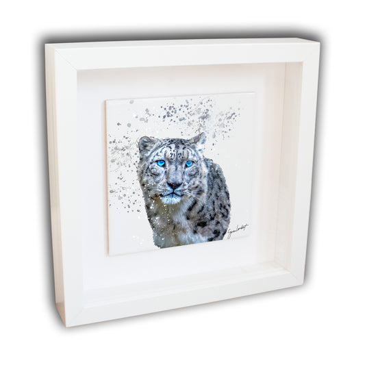 Snow Leopard Portrait Brush Splatter Style Artwork - Framed CERAMIC TILE Art