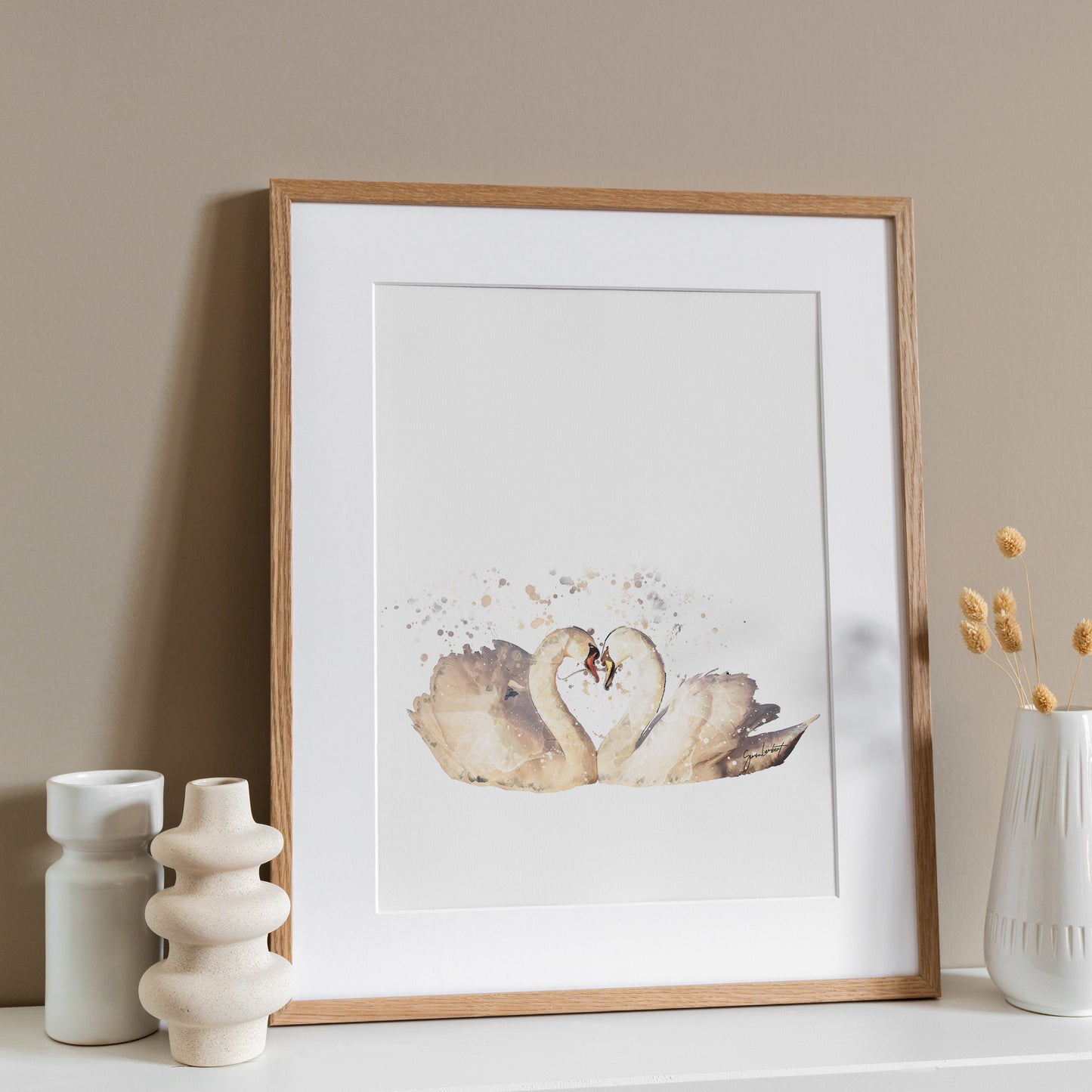 Swan Couple Portrait Splatter Style Artwork Fine Art Print (Unframed)