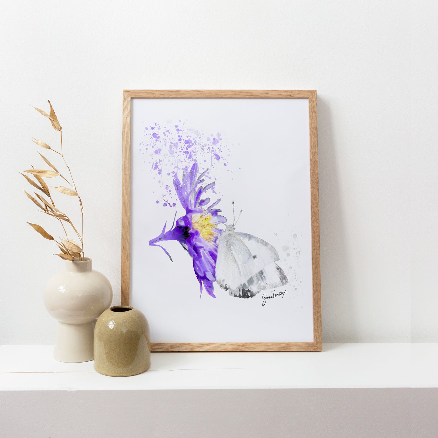 White Butterfly Portrait Splatter Style Artwork Fine Art Print (Unframed)