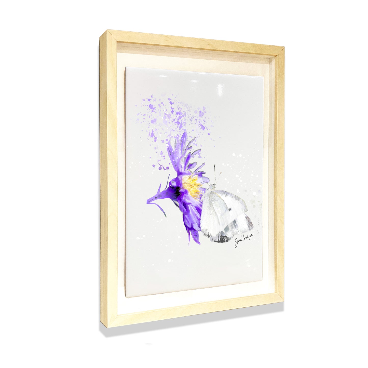 White Butterfly Portrait Brush Splatter Style Artwork - Framed CERAMIC TILE Art