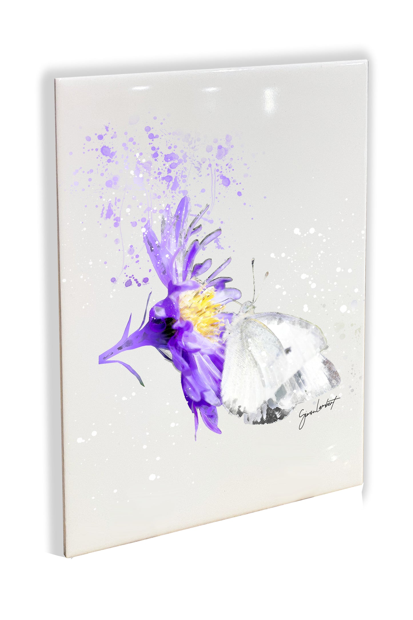 White Butterfly Portrait Brush Splatter Style Artwork - Framed CERAMIC TILE Art