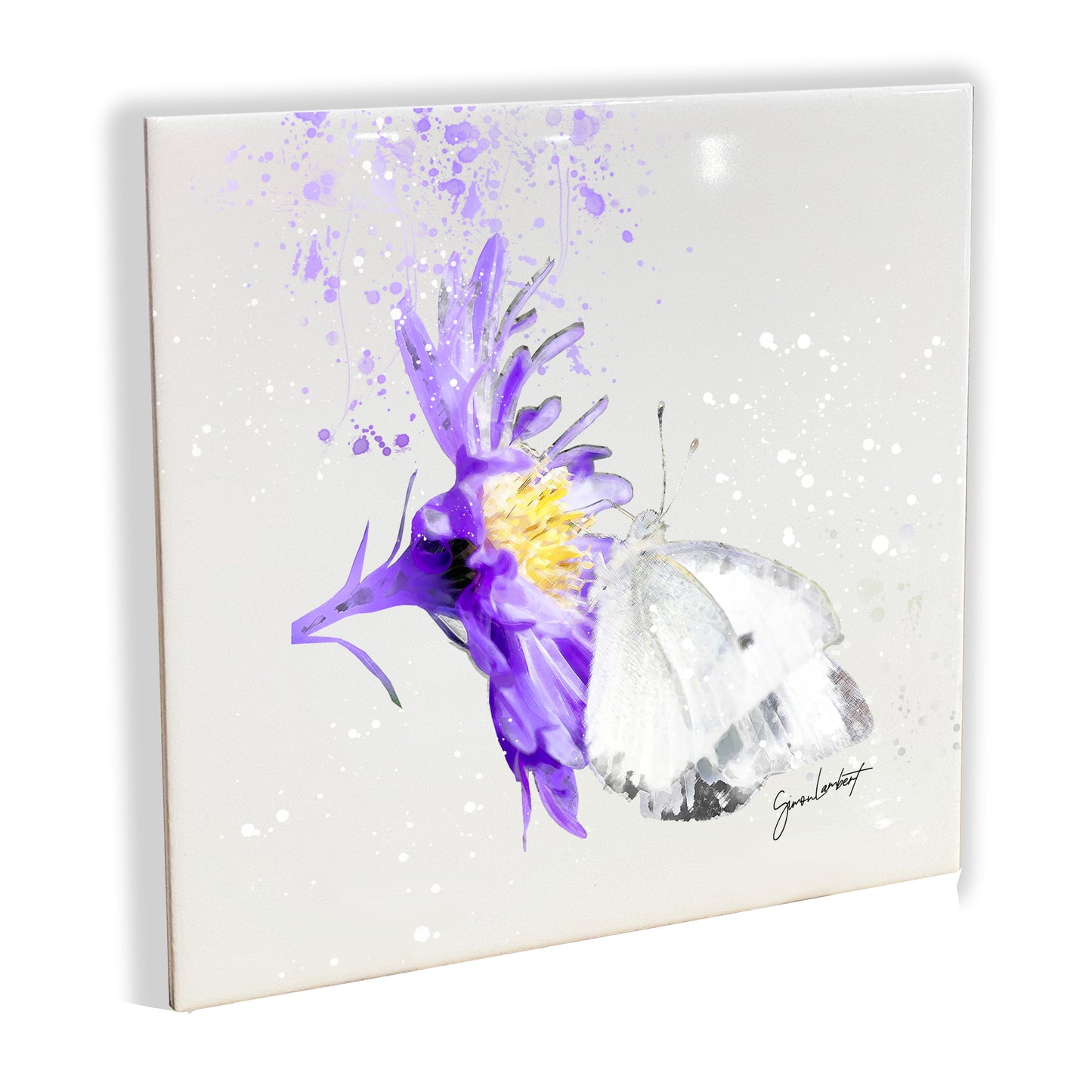 White Butterfly Portrait Brush Splatter Style Artwork - Framed CERAMIC TILE Art
